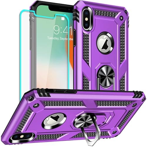 Image of for iPhone X Case, iPhone Xs Case with Screen Protector, Silicone Shockproof Military Grade Protective Phone Cover with Ring Kickstand for Apple iPhone X/Xs (Purple)