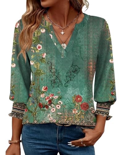 Image of Rapbin Women Blouse Tops 3/4 Length Sleeve Fashion V-Neck Tunic Summer Casual Ladies Basic Business Tee Shirts 2025 (12-14, Bohemian Green)