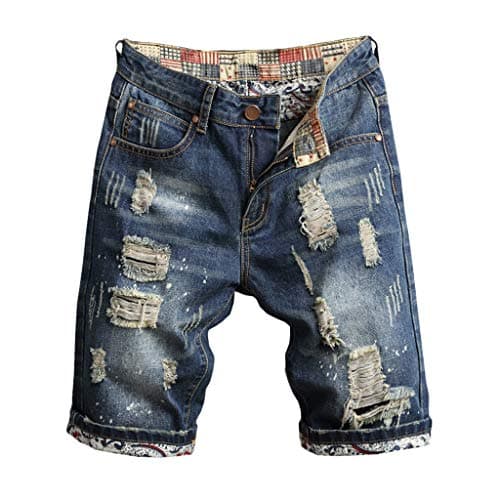 Image of Jean Shorts Mens Ripped Stretch Soft Washed Distressed Rolled Casual Streetwear Biker Bermuda Shorts Vintage Slim Fit Classic Denim Shorts
