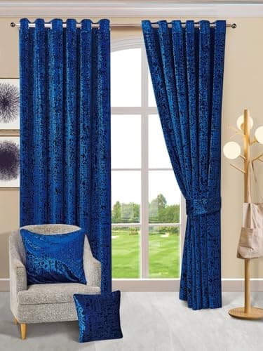 Image of Stylish Home Polyester Crushed Velvet Curtains Fully Lined Eyelet Ring Window Treatment Panels, Blackout, Embroidered, Noise Reducing (Royal Blue, 46″ x 54″ (116 x 137 cm))