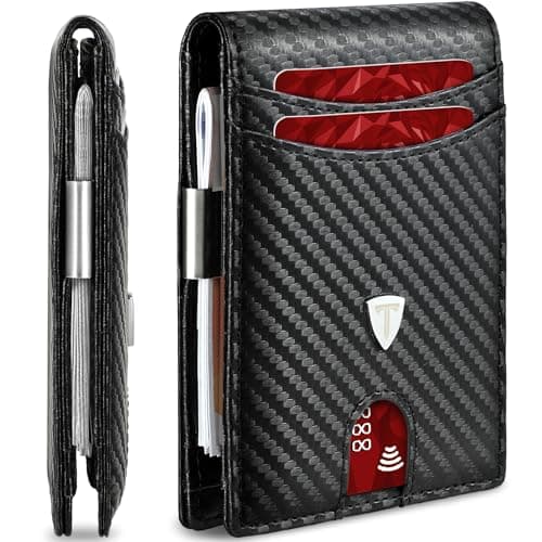 Image of Tomylv Mens Wallets Slim RFID Blocking, Carbon Fiber Wallet with 12 Credit Card Holder, Strong Money Clip & ID Window Minimalist Bi-Fold Wallets for Men UK with Gift Box - Black