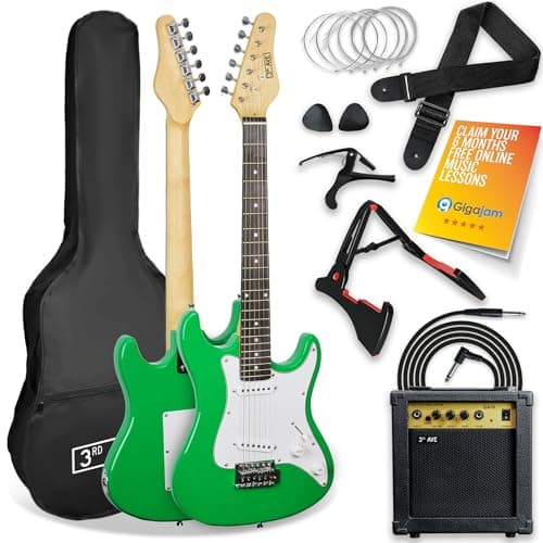 Image of 3rd Avenue XF 3/4 Size Electric Guitar Ultimate Kit with 10W Amp, Cable, Stand, Gig Bag, Strap, Spare Strings, Picks, Capo – Green