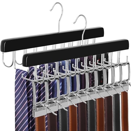Image of TOPIA HANGER 2 Pack 2 in 1 Belt Tie Hanger for Closet Max 60 Belts with 60 Ties Capacity, 40 Hooks Belt Tie Racks Wooden Hanger for Closet Organizer Storage “U” Fit Belt and “一” Fit Tie - CT52B