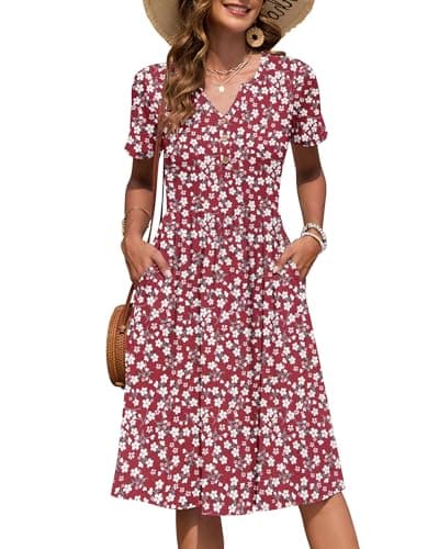 Image of AUSELILY Women's Summer Short Sleeve Midi Dresses V Neck Empire Button Knee Length Dress with Pockets Floral Red S