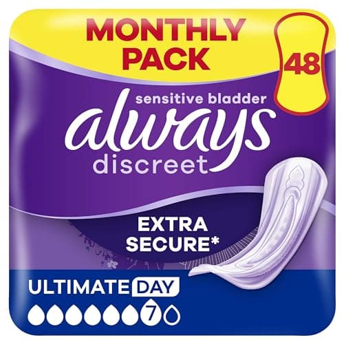 Image of Always Discreet Incontinence Pads Women, Ultimate Day, Absorbency 6, 48 Sanitary Towels (12 x 4 Packs), Extra Secure Bladder Weakness Pads Women, Odour Neutraliser