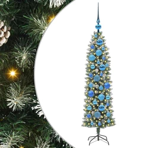 Image of vidaXL Artificial Slim Christmas Tree Green and white 120 cm, Living Room, Traditional Festive Tree, Pre-Lit Christmas Decoration, LED Display, Indoor, Outdoor Holiday Decor
