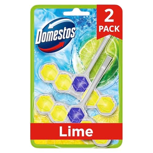 Image of Domestos Power 5 Lime Toilet Rim Blocks toilet freshener with a long-lasting fragrance clean and freshen for up to 300 flushes 2x 50 g