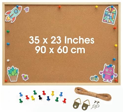 Image of Yolay Cork Board Pin Board for Wall, Large Notice Board pinboard, Bulletin Board 90x60cm for Office, Thick Corkboard for School, Home noticeboard - (Brown)