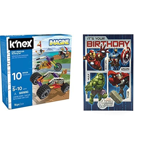 Image of K'Nex Imagine 45510 10 Model Beginner Fun Fast Vehicles Building Set & UK Greetings Avengers Birthday Card - Boys - Marvel Birthday Card