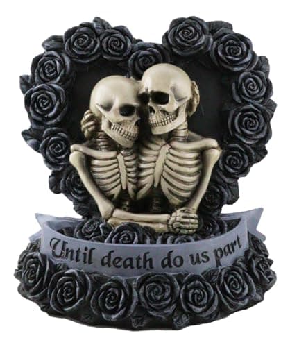 Image of Ebros Gift Love Never Dies Black Wedding Roses Heart Wreath Skeleton Couple Figurine 'Until Death Do Us Part' Day of The Dead DOD Bridal Vow Ossuary Macabre Graveyard Boudoir Accent