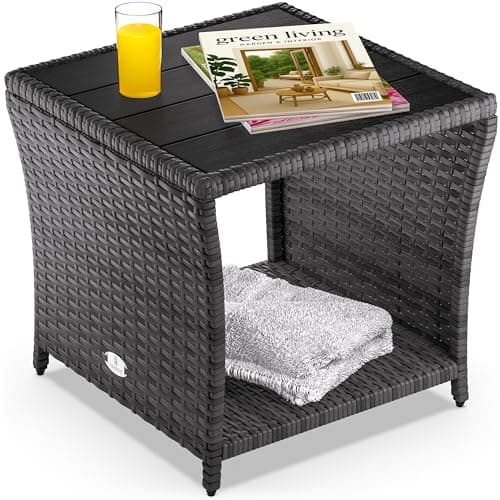 Image of CASARIA® Polyrattan Garden Side Table WPC Table Top | 45x45x40cm 80kg Load Capacity | Weatherproof Outdoor Patio Deck Balcony Furniture Coffee Table | Adjustable Levelling Feet | Grey
