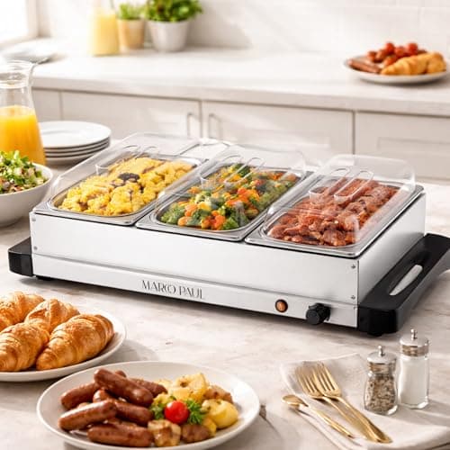 Image of Garden Mile 3-Pan Stainless Steel Electric Buffet Server Food Warmer - 300W Hot Plate with Adjustable Heat, Buffet Warmer Trays, 3 x 2.36L Pans, Electric Food Warmer Buffet Server for Parties, UK Plug