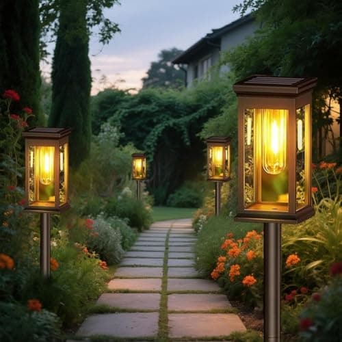 Image of enjoydeal LED Solar Lights,Auto On/Off Outdoor Garden Solar Stake Lights, Warm White Patio Pathway Landscape Lamp for Yard Lawn Pathway (Black,4)