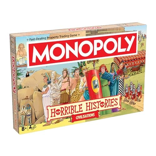 Image of Winning Moves Horrible Histories Ancient Civilisations Monopoly classic board game is perfect for 2–6 players and makes a great gift for fans aged 8 and up