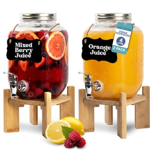 Image of HEFTMAN Glass Drink Dispenser with Tap - 2 x 4 Litre Mason Jar Drinks Dispenser with Sturdy Bamboo Stand for Water, Juice, Cocktails, Lemonade - Empty Beverage Dispenser, Ideal for Summer Parties