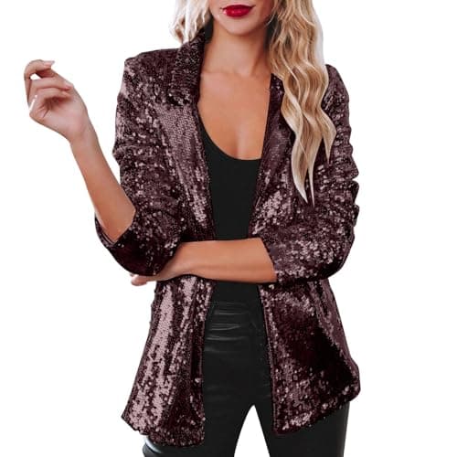 Image of Generisch Women's Sequin Jacket Casual Long Sleeve Glitter Party Shiny Coat Rave Outerwear, Wine Red, 3XL