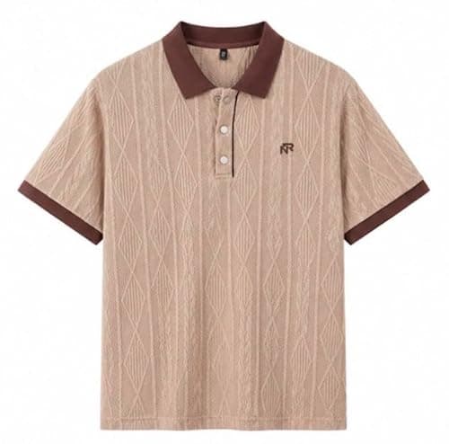 Image of NEXURGE Short Sleeve Knit Polo Shirt, Cotton, Contrast Collar, Jacquard Embroidery, Casual Summer Wear for Men and Women (UK, Alpha, M, Regular, Regular, Brown)