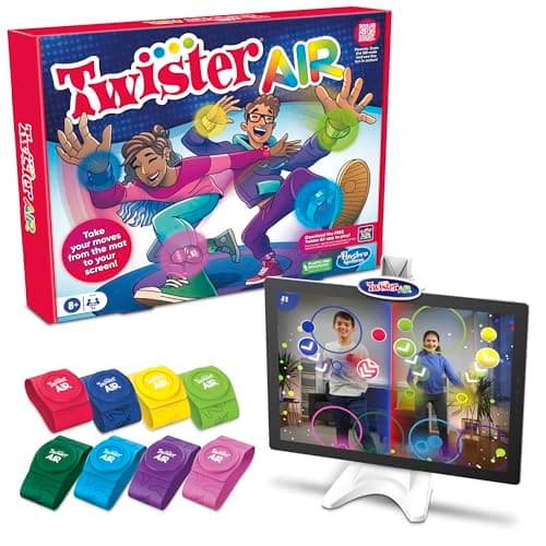 Image of Hasbro Gaming Twister Air Party Game Includes 4 Twister Air Wrist Bands, 4 Twister Air Ankle Bands, Device Stand with clip, base, and post, and Game Rules For Ages 8+ Years