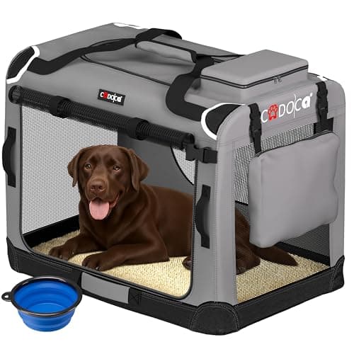 Image of CADOCA® Foldable Dog Crate XXL Large Portable Soft Fabric Pet Carrier for Puppy, Dog, Cat & Kitten Breathable Cat Carrier, Travel Crate for Dog Bed, Car, Home, Vet & Holiday Use Light Grey 90x60x66cm