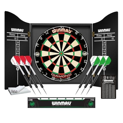Image of WINMAU Diamond Plus Dartboard Set – Professional Bristle Dart Board with Black Dartboard Cabinet | 2 Darts Sets, Oche Line, Chalk & Towel | Complete Dart Board Set & Home Darts Equipment