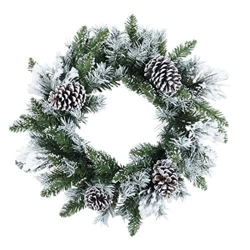 Image of Christmas Wreath Artificial Snow Flocked Decoration Green Frosted Pine Cones 50cm