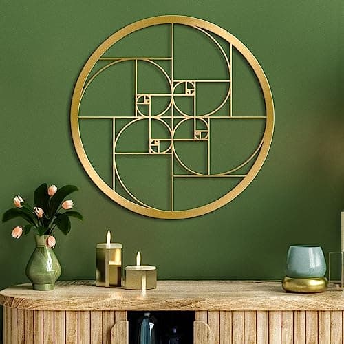 Image of WINUSD 12in Fibonacci Spiral Gold Metal Wall Art, Math Art Fibonacci Spiral Metal Wall Art Decor, Geometric Wall Decoration for Living Room, Office, Outdoor, Indoor