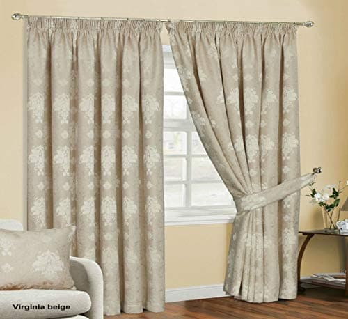 Image of Householdfurnishing Redy Made Luxury Jacquard Fully Lined Curtain Pair Pencil Pleat With Free Tie Backs (Beige Curtain, 66" x L 72")