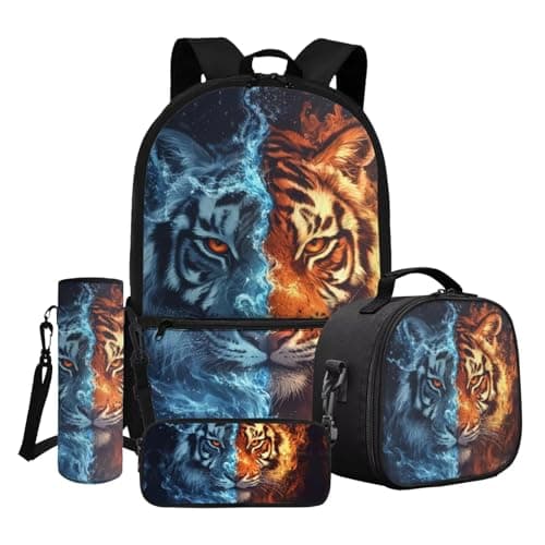 Image of Dngkaoje Flame Water Tiger Backpack Set for Kids Boys Girls 4 Pack Animal Tiger Print School Bag with Lunch Bag Pencil Bag Water Bottle Carrier Big Capacity Children Back To Bookbags Casual Daypack
