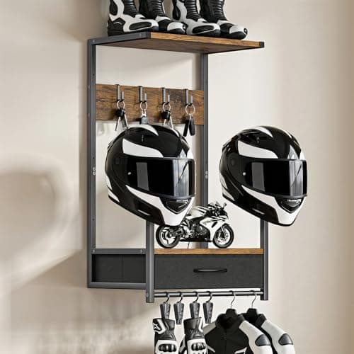 Image of Housolution Motorcycle Helmet Wall Mount with Fabric Drawer, Helmet Holder with 4 Glove Chips and 4 Hooks for Riding Suits & Accessories, Helmet Stand Display for Bike, Baseballs and Rugby Helmets