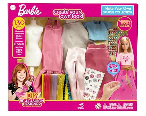 Image of Barbie DIY Sparkle Fashion Designer Set – 130-Piece Dress-Up Kit | Design Clothes for Dolls with Rhinestones, Ribbons, Stickers & Mannequin | Sparkle Barbie Clothing Gift for Girls Ages 5+