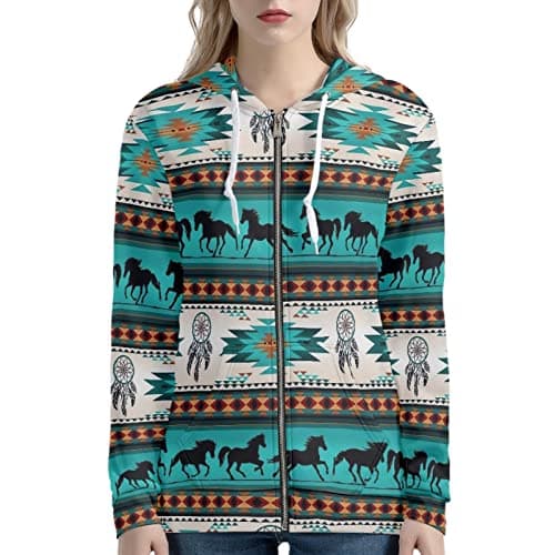 Image of SCRAWLGOD Women Zip Up Hoodie Sweatshirt Navajo Native American Aztec Horse Print Causal Long Sleeve Sweatshirt Oversized Jacket Plus Size XS-5XL