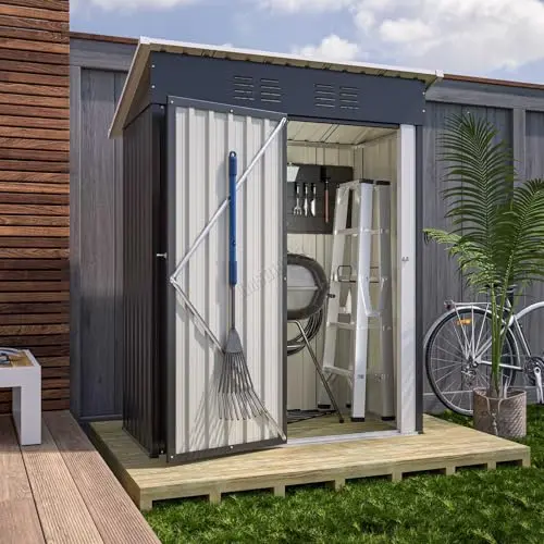 Image of BIRCHTREE Metal Garden Shed Pent Roof 3X5FT Small Outdoor Storage Cabinet Hinge Door No Foundation Base Anthracite