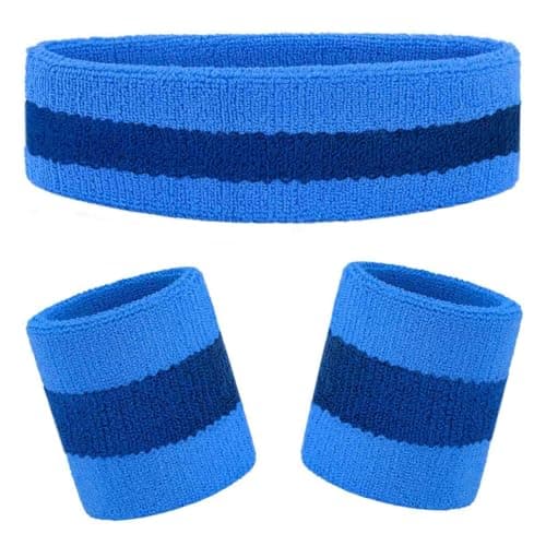 Image of Kids Sweatbands Headband Wristband Set - Athletic Cotton Sweat Band for Sports - Ultimate Sweat-Absorbing 3-piece Set (1 Headband + 2 Wristbands) (Blue)