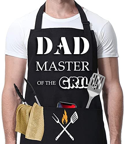 Image of FunChaos BBQ Apron for Men, Dad's Apron, Black Waterproof Apron, Adjustable Chef Apron with 2 Pockets, Personalised Apron for Grilling Cooking Kitchen, Gifts for Men Dad Husband Boyfriend (DAD Apron)
