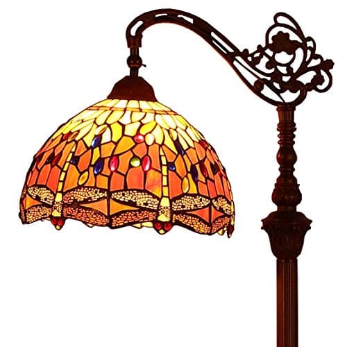 Image of Bieye L30713 Dragonfly Tiffany Style Stained Glass Floor Reading Lamp with 12 inches Wide Handmade Lamp Shade Metal Base for Living Room Bedroom, 62 inches Tall, Orange