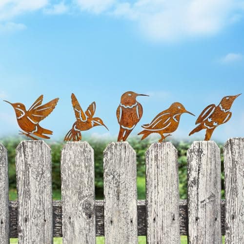 Image of MKEOIEAU 5PCS Rusty Birds Decorations, Outdoor Lifelike 2D Metal Birds Decor for Patio Yard Wall Fence, Double Sided Hummingbirds Craft Statue Ornaments for Garden Sculptures Farmhouse Art