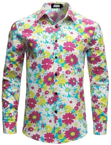 Image of JOGAL Mens Regular fit Floral Dress Shirt Long Sleeve Printed Casual Button Down Shirts White Pink XX-Large