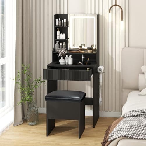 Image of YOURLITE Dressing Table with LED Lights, 3 Light Colors, Adjustable Brightness, Vanity Desk with Mirror and Drawers, Makeup Desk with Cushioned Storage Stool Charging Station for Bedroom, Black