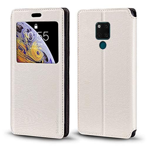 Image of Shantime Viewable Window Leather Flip Case Compatible with Huawei Mate 20 X 4G, Elegant Design Clear Display Invisible Magnetic Cover and Card Slot(White)