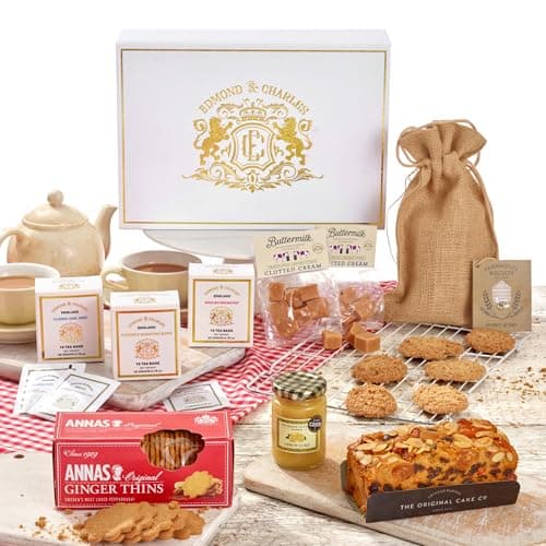Image of Edmond & Charles Luxury Afternoon Tea Hamper for 2 | Gift Box with Teas, Clotted Cream Fudge, Lemon Curd, Gourmet Biscuits & Fruit Cake | Hampers Presents for Women | Artisinal Birthday Treats