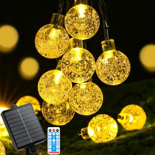 Image of AUAUY Solar String Lights, 11M/36FT 60 LED Globe Fairy Lights, 8 Modes Waterproof Twinkle Solar Outdoor Lights for Garden Patio Gazebo Balcony Wedding Christmas Party Decorations(Warm White)