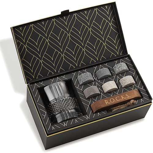 Image of Whiskey Stones & World’s First Eco-Crystal Glass Gift Set - 6 Handcrafted Granite Round Sipping Rocks - European Crafted Reserve Whiskey Tumbler (340ml) - Hardwood Presentation Tray - Gold Foil Box
