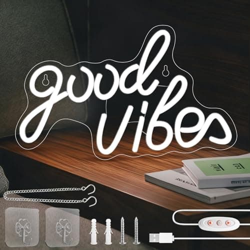 Image of Good Vibes Neon Sign - LED Neon Light Signs for Wall Decor with USB Powered, Art Decoration Letter Neon Light Sign for Bedroom Decor, Birthday Party, Wedding, Christmas Valentines Day Gift