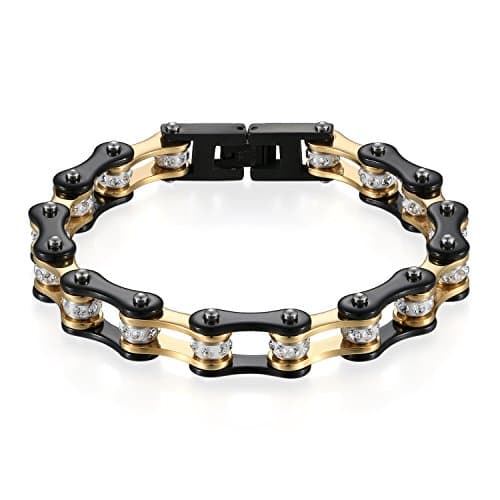 Image of JewelryWe Stainless Steel Bracelet Rhinestone Inlaid Men's Bike Bicycle Link Chain,22.5CM(Black Gold)