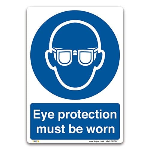 Image of Pack of 2 Eye Protection Must Be Worn Sign - A5 Self-Adhesive Vinyl - Mandatory Safety Clothing PPE - Ensure Workplace Safety Compliance with EU and UK Legislation