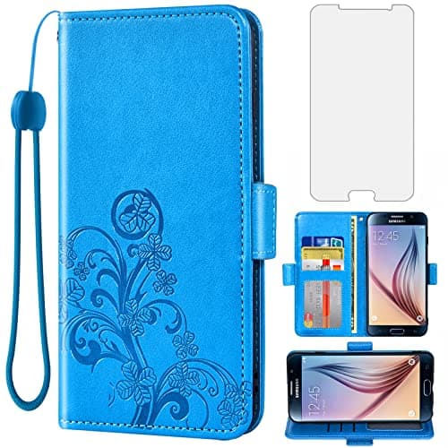 Image of Asuwish Compatible with Samsung Galaxy S6 Wallet Case and Tempered Glass Screen Protector Flip Wrist Strap Credit Card Holder Cell Phone Cover for Glaxay S 6 Gaxaly 6s Galaxies GS6 SM-G920V G920A Blue