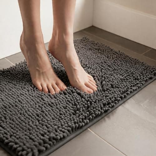 Image of MEGAROOM Non Slip Chenille Bath Mat - Absorbent Bathroom Mat - Extra Soft Bath Mat for Bathroom - Non Slip Anti Mould with 40 x 60 cm, Machine Washable, Dark Grey