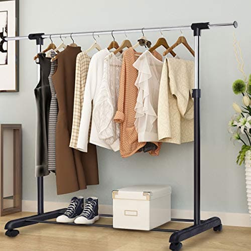 Image of COSTWAY Single/Double Rail Garment Rack, Adjustable Metal Coat Hanger Storage Unit with Wheels and Bottom Shelf, Mobile Clothing Display Organiser Stand for Home Shop Bedroom (Single Rail)