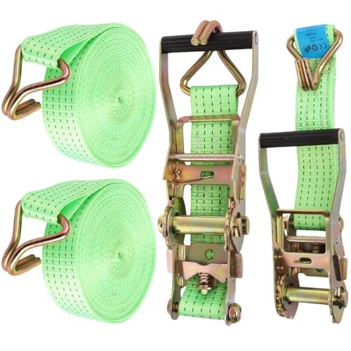 Image of FWEEK 2 Sets Ratchet Tie Down Straps 5cm x 10m, 11000lb Break Strength, Heavy Duty Lashing Strap, Securing Straps with Handle and Metal J Hook for Trucks, Cars, Motorcycles – Green