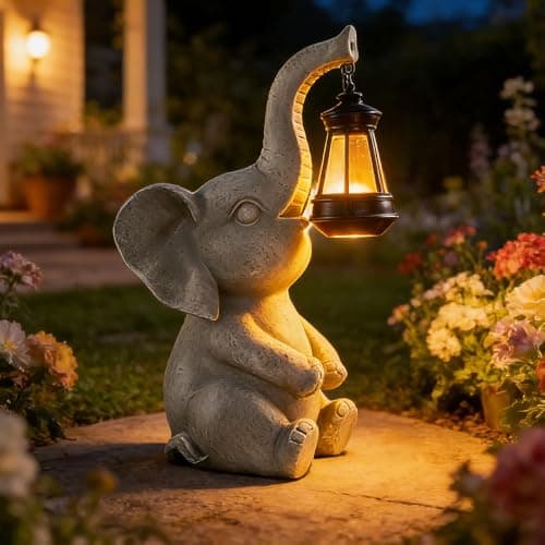 Image of Rppiup Elephant Statue Garden Ornaments Outdoor, Large Elephant Solar Light, Solar Garden Ornaments Lifelike Sculptures with Lantern, Gray Waterproof Animal Garden Ornaments for Yard (28.8*15.3*13.8cm